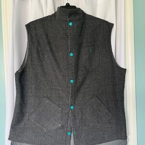 Handmade Gray Reversible Plaid Vest with Teal Buttons